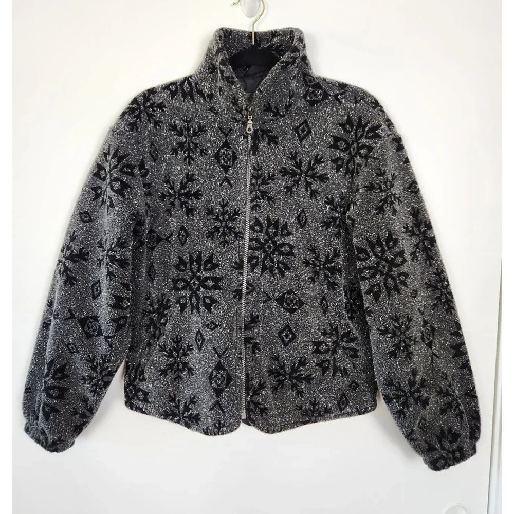 Vintage Tsunami Black Gray Snowflake And Aztec Motif Full Zip Fleece Jacket, Med